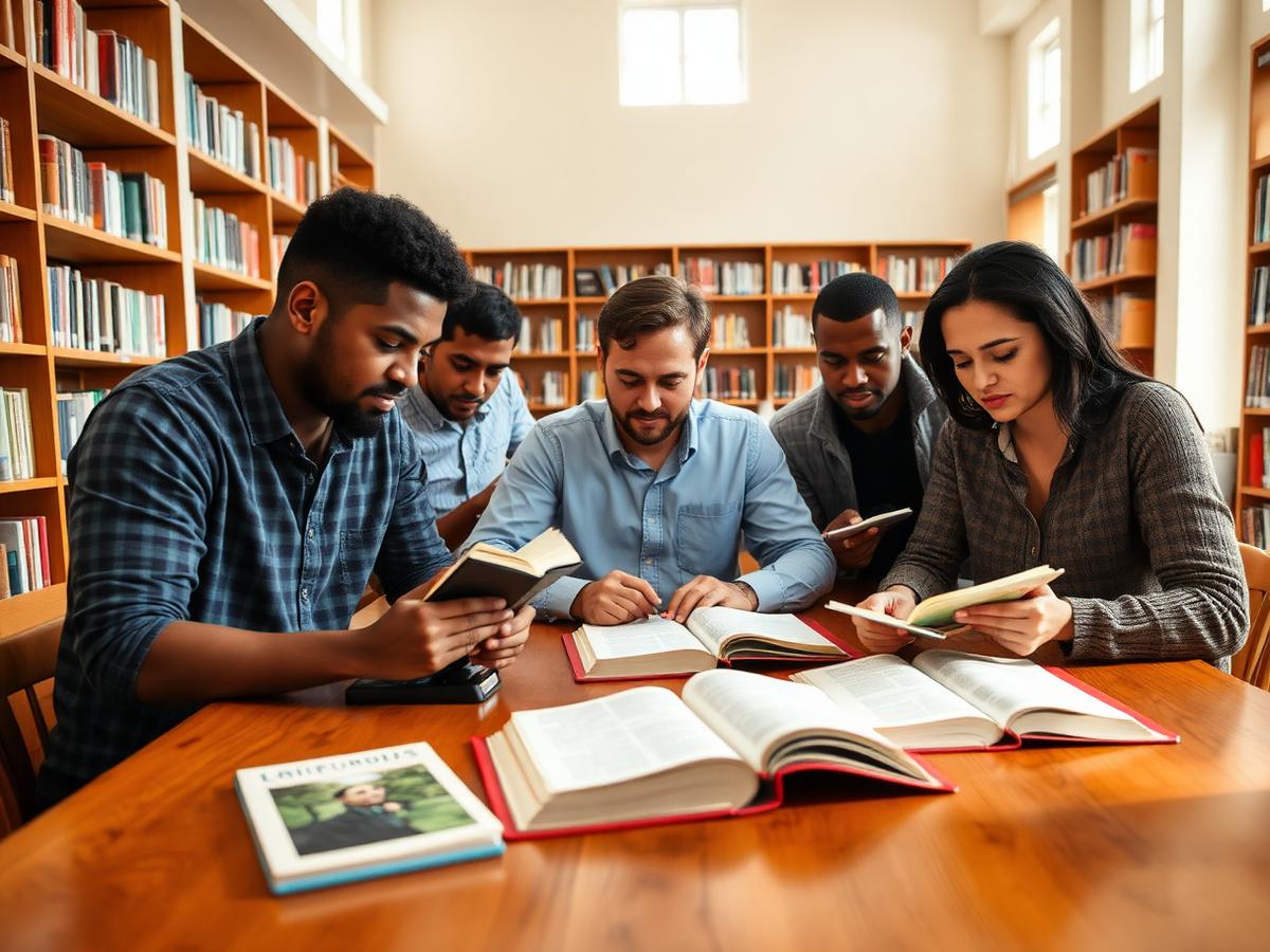 Alunos estudando a Bíblia em grupo